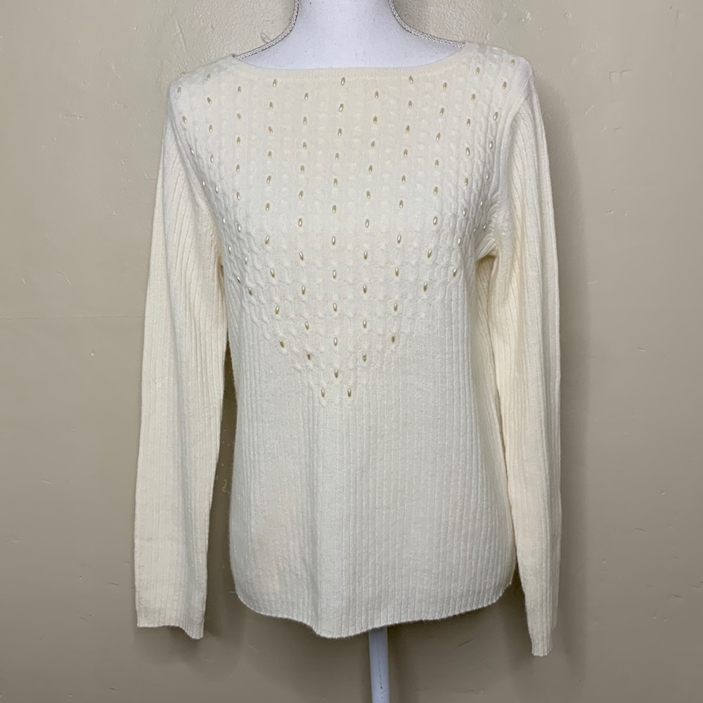VINTAGE Nina Leonard Sweater Cream Lambswool Angora Ribbed Beaded Boatneck Med
